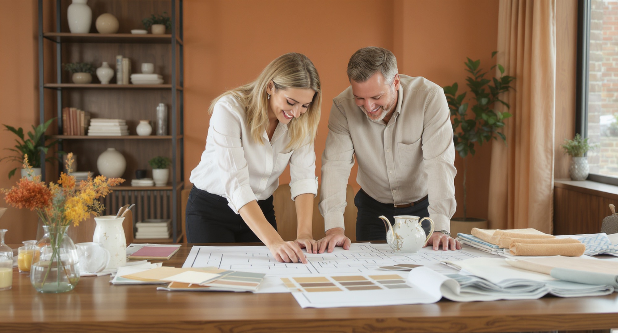 Designer and client planning an office layout together